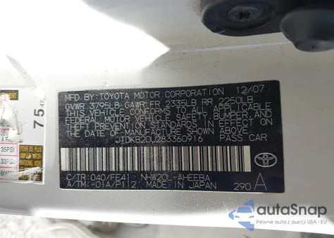 2008 Toyota Prius from USA, damaged, VIN JTDKB20U283360916